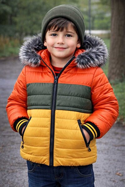 ÖZNUR Erkek Çocuk Kapüşonlu Renk Bloklu Mont