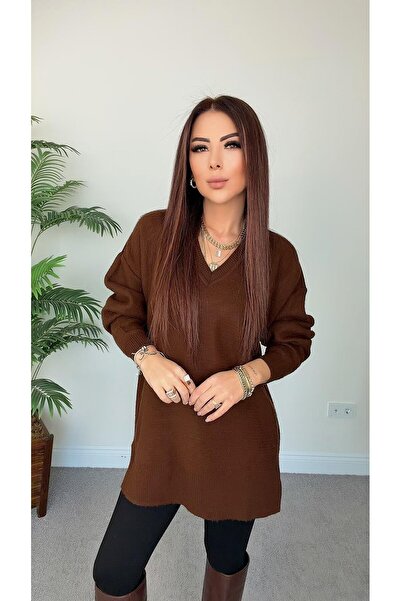 Great Fast Kadın Diga Kadın V Yaka Oversize Kahverengi Triko Kazak