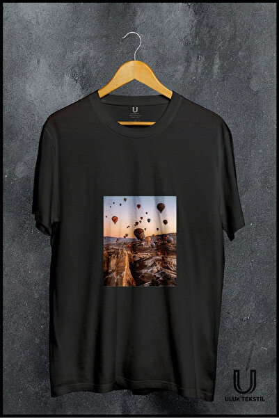 ULUK TEKSTİL تي شيرت أسود بتصميم الطبيعة والسفر بتصميم كابادوكيا – تي شيرت لل...