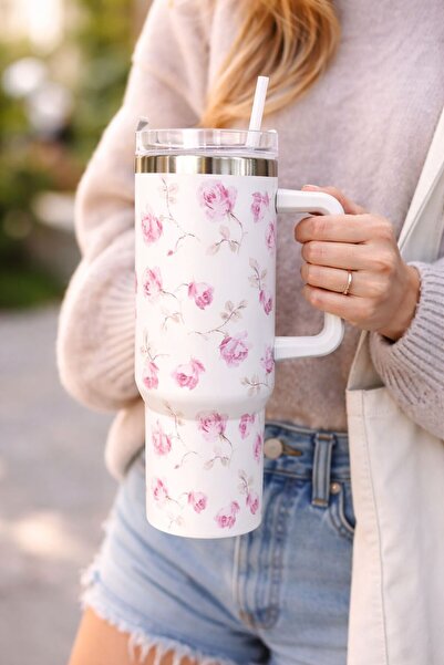 Evila Çiçek Desenli Çelik Termos Bardak – Pipetli, Kapaklı, Kulplu Sıcak Soğu...