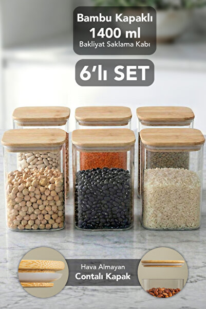 Meleni Home 6-Piece Bamboo Lid Aura Square Storage Container - 1400 ml Airtight Vacuum Lid Food Grain Flour Container
