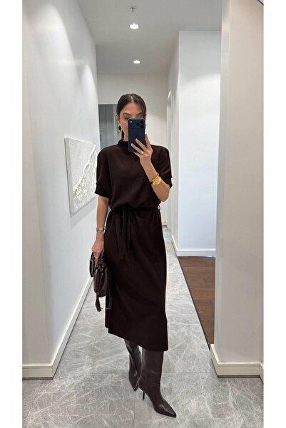 Ecenin Favorileri Belted Bitter Brown Knitwear Midi Dress