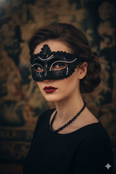 shop Siyah Parlak Taşlı Venedik Maskesi - Gümüş İşlemeli Masquerade Yarım Yüz...