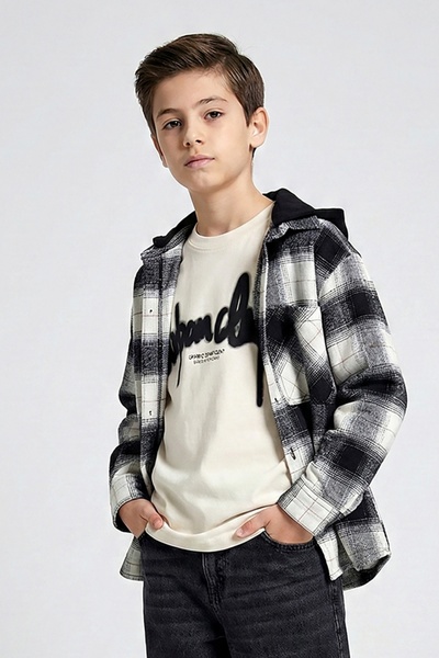 Dmb Kapşonlu Ekoseli Erkek Çocuk Gömlek