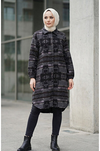 sefamerve Patterned Buttoned Lumberjack Winter Tunic 2503-02 Anthracite Brown