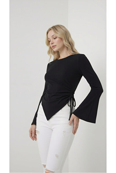 trendypassion Women's Black Round Neck Drape Detailed Spanish Sleeve Hijab Matching Blouse