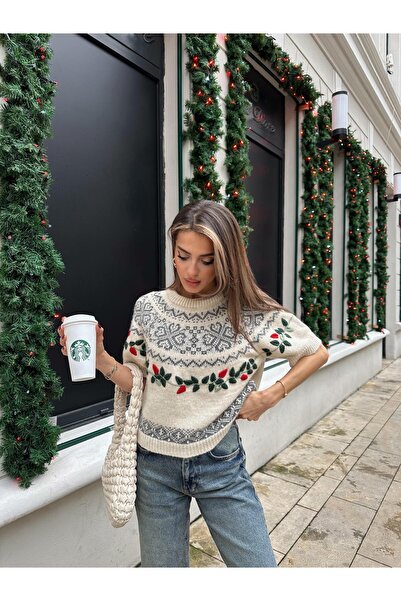 mylove Floral Embroidered Pattern Short Sleeve Sweater Cream