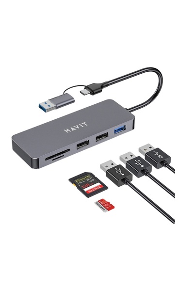 Havit HV-H41 5-in-1 USB-C Hub, 3 USB A, 2 SD card slots, 110 x 40 x 12 mm, 5 Gbps, Silver Gray