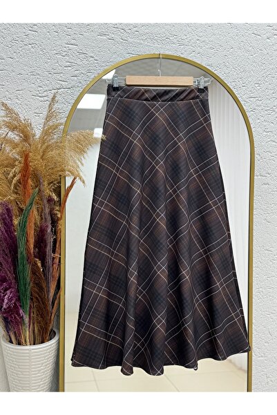 MİHRA STORE Fadya Plaid Skuba Diver Full Winter Skirt-Mt1288 Brown
