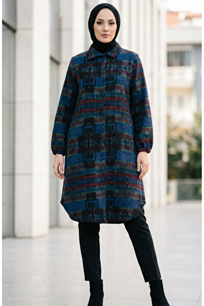 sefamerve Patterned Buttoned Lumberjack Winter Tunic 2503-04 Cobalt Claret Red