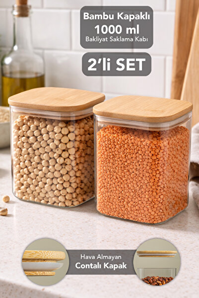 Meleni Home 2-Piece 1 Liter Bamboo Lid Aura Square Storage Container - Vacuum Lid Airtight Grain Food Container