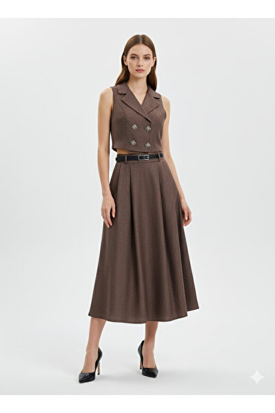 MissVina Midi-Length Belt Pocket Skirt and Jacket Collar Lined Vest Suit 1156