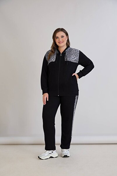 TUSSE Elegant Women's Leopard Sequin Embroidered Zippered Plus Size Sports Tracksuit Set