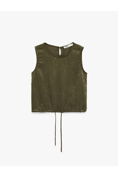 Koton Button-Up Sleeveless Round Neck Textured Satin Blouse