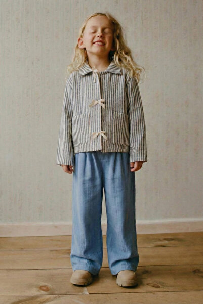 Magu Girl's Cotton Blue Striped Holiday Set - Tie-Up Pocket Jacket and Wide-Leg Pants