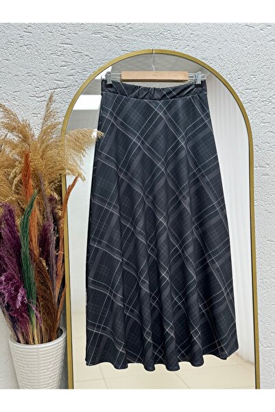 MİHRA STORE Fadya Plaid Skuba Diver Full Winter Skirt-Mt1288 Anthracite