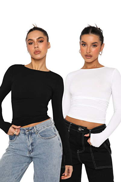 Seeh Black/White Crew Neck Basic Long Sleeve Bodysuit Sh142