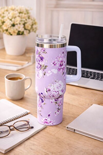 Evila Çiçek Desenli Çelik Termos Bardak – Pipetli, Kapaklı, Kulplu Sıcak Soğu...