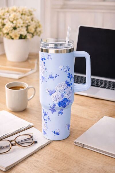 Evila Çiçek Desenli Çelik Termos Bardak – Pipetli, Kapaklı, Kulplu Sıcak Soğu...