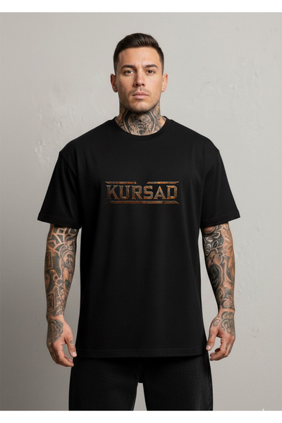 LORVEX Distressed Kürşad Yazı Printed Oversized Unisex Cotton Black Tshirt - T-Shirt
