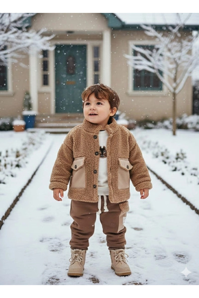 Yonca Çocuk Ji̇kko 8169 Baby Boy Plush Coat Combed Cotton Pants 3-Piece Set