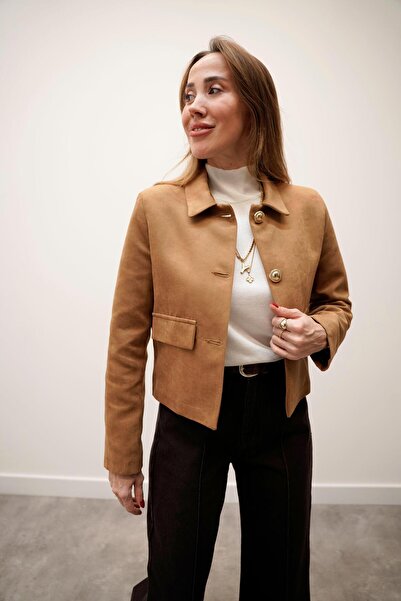 Maldia Shop Elan Gold Button Detailed Suede Camel Jacket