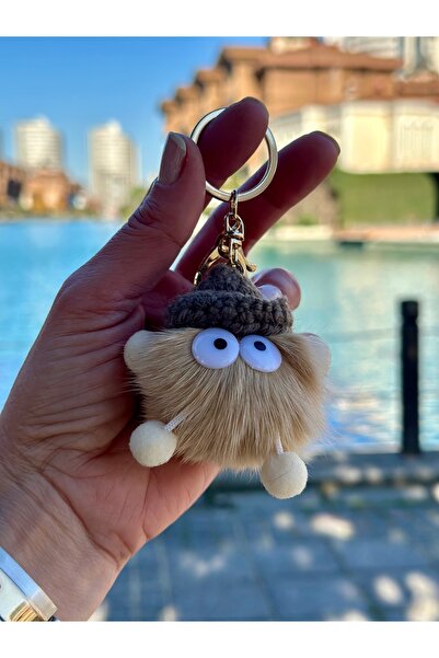 EbruVogue Beige Plush Bag Charm with Coffee-Colored Hat