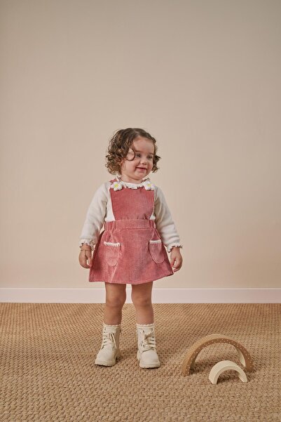 Magu Baby Girl Cotton Dusty Rose Floral Applique Skirted Set - Blouse and Salopet Dress