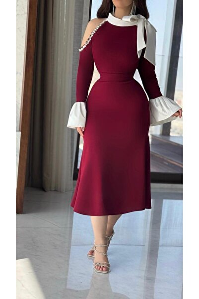 Generica فستان نسائي أنيق باللون العنابي مع كريستال