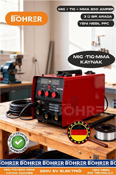 BÖHRER MİG + TİG + 200 AMPER MMA YENİ NESİL PFC 3 Ü BİR ARADA PROFESYONEL KAY...