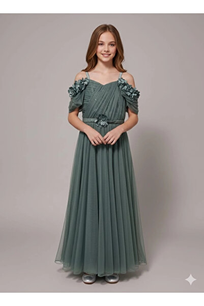 Yonca Çocuk Onbuco Kids 1586 Girls' Thin Strap Waist Floral Children's Evenin...