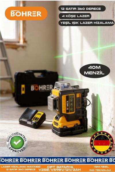 BÖHRER ALMAN ÇİFT AKÜLÜ 12 SATIR 360 DERECE 4 KÖŞE 40M MENZİLYEŞİL IŞIK LAZER...