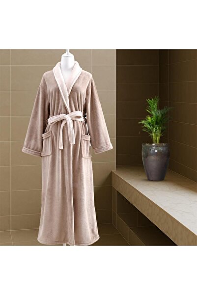 Melen Modern bathrobe in dark beige, made of highly absorbent coral fleece.