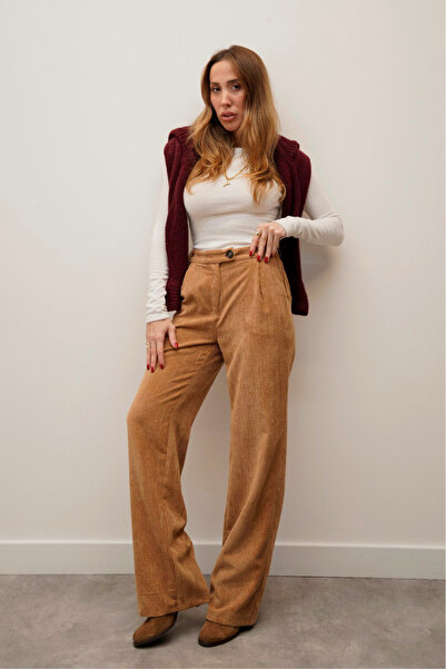 Maldia Shop High Waist Retro Corded Fabric Camel Pants