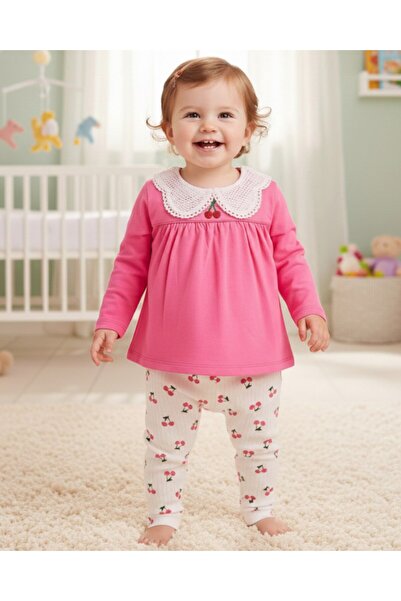 Ege Bebek Baby Girl Cherry Printed Corded Fabric Tights and Blouse 6-9-12-18-...