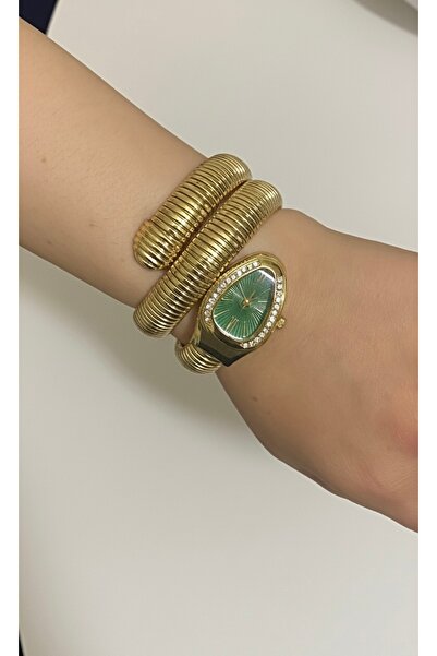 Yegane Bilezik Formlu Kadın Kol Saati | Taş Detaylı Oval Kasa Yılan Model