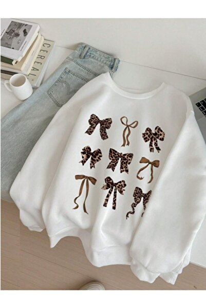 CARLA MARA Leopard Bow Patterned Three Thread Oversize Sweatshirt