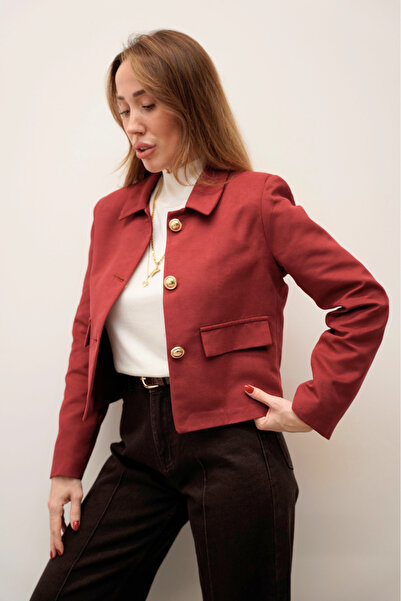 Maldia Shop Elan Gold Button Detailed Suede Burgundy Jacket