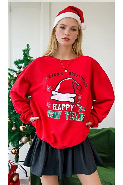 CARLA MARA Happy New Year Printed Red Three Thread Christmas Sweatshirt