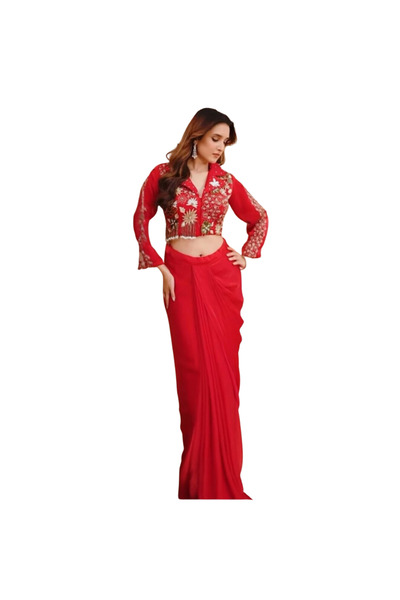 MYSMAR Red Satin silk Blouse & Dhoti - HRT3994 | Red