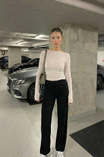 oshebu Black - Elastic Waist Corded Fabric Pants