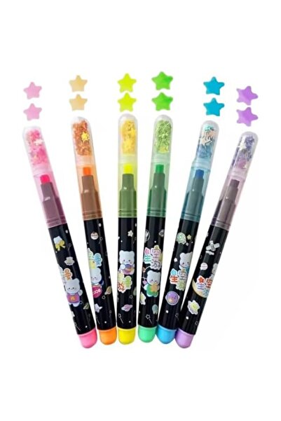 AyrStore Yıldızlı Fosforlu Kalem 6 Renk 1 Paket Yıldız Baskılı İşaret Kalemi ...
