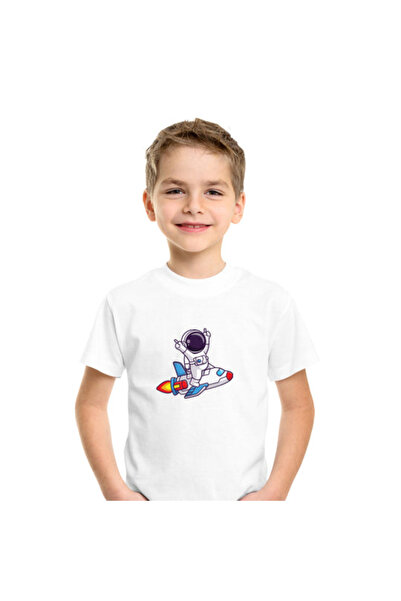 Printoot تيشيرت للأطفال بتصميم رائد فضاء يركب صاروخًا، متوفر بمقاسات مخصصة، ل...