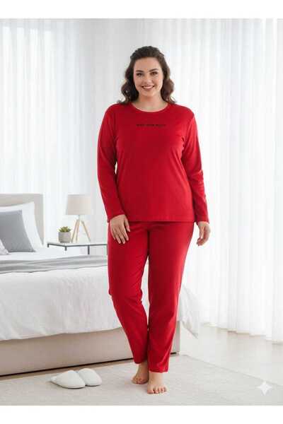 Mihra Kırmızı Kadife Büyük Beden Kadın Pijama Takımı