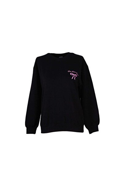 trender Kurdele O Neck 2 Thread Black Women's Sweatshirt 26Ydt1000035