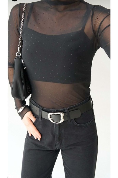 ibeeka Transparent Stone Detailed Long Sleeve Blouse