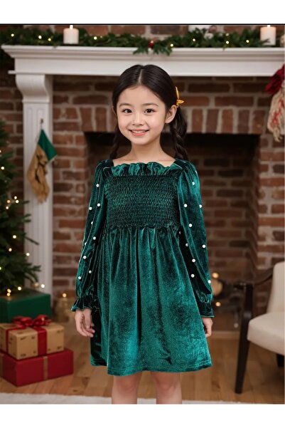 OEM Rochita fete catifea verde si perle pe maneca, 5 ani, 110 cm