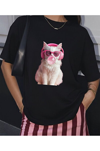 LORVEX Pink Accessory Cat Printed Oversized Unisex Cotton Tshirt - T-Shirt