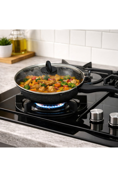 goldmann Cast Aluminum Wok Pan, 30x9.5 cm, Heat-Resistant Lid, Ceramic Coating, Soft Touch Handle