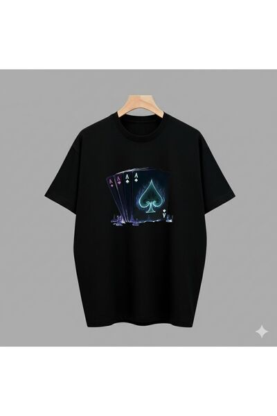 CLASSY.MODA Tricou oversize unisex cu imprimeu Sparkling Ace of Spades și pac...